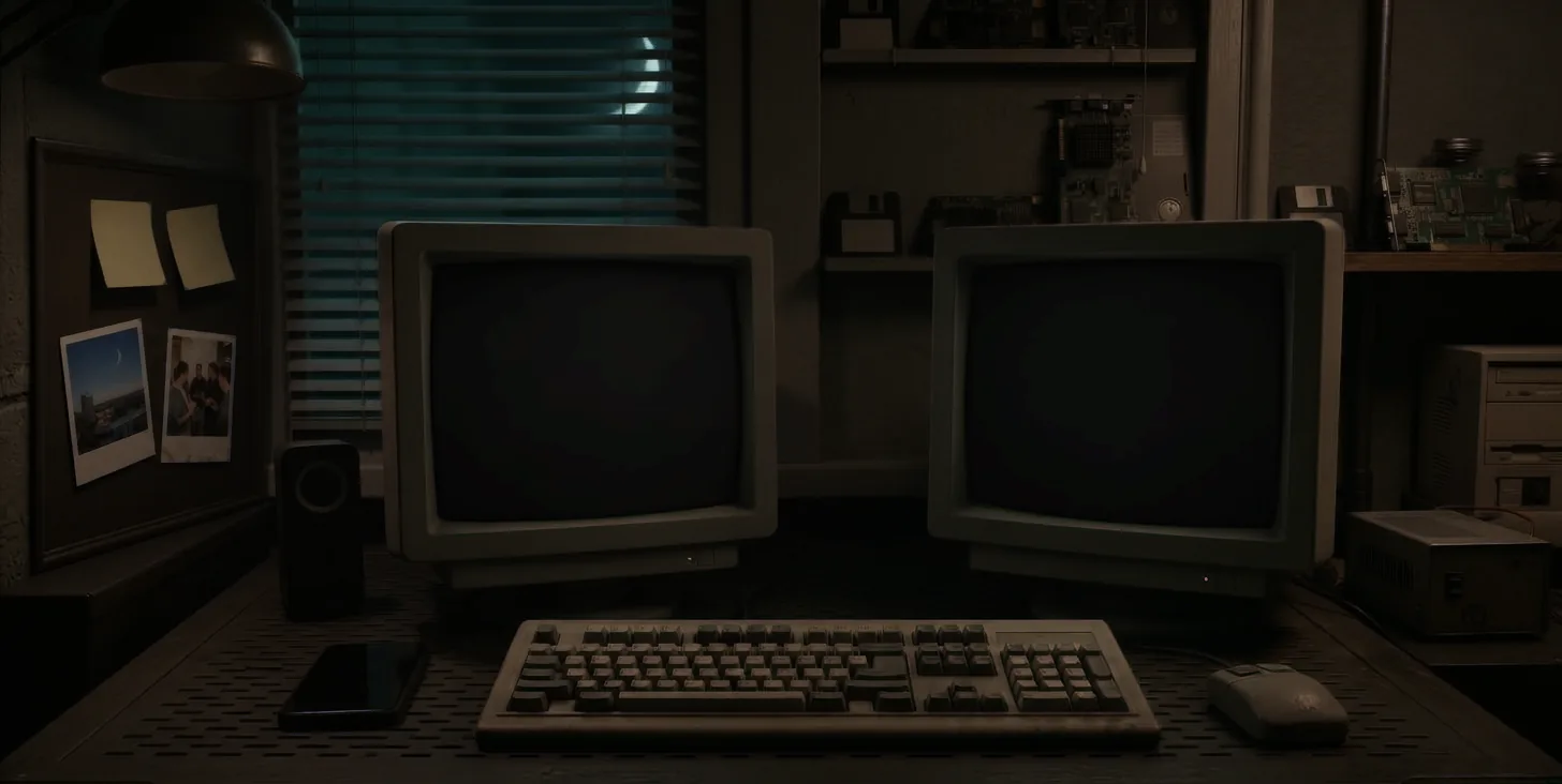 A dim study at night: two old CRT monitors glowing green on a desk with a keyboard and a phone; a cork board with post-its and polaroids on the left.