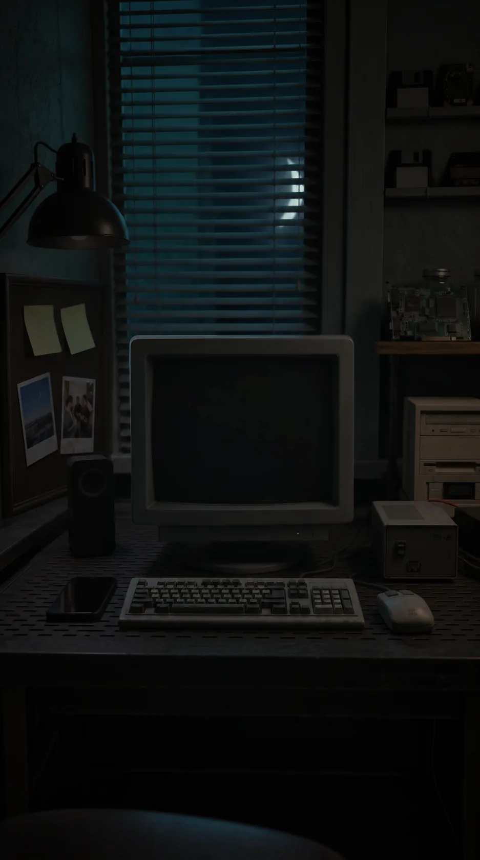 A dim study at night: an old CRT monitor glowing green on a desk with a keyboard and a phone; a cork board with post-its and polaroids on the left.